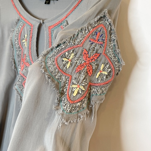 Love Stitch Grey Boho Embroidered Bell Sleeve top - Picture 8 of 16